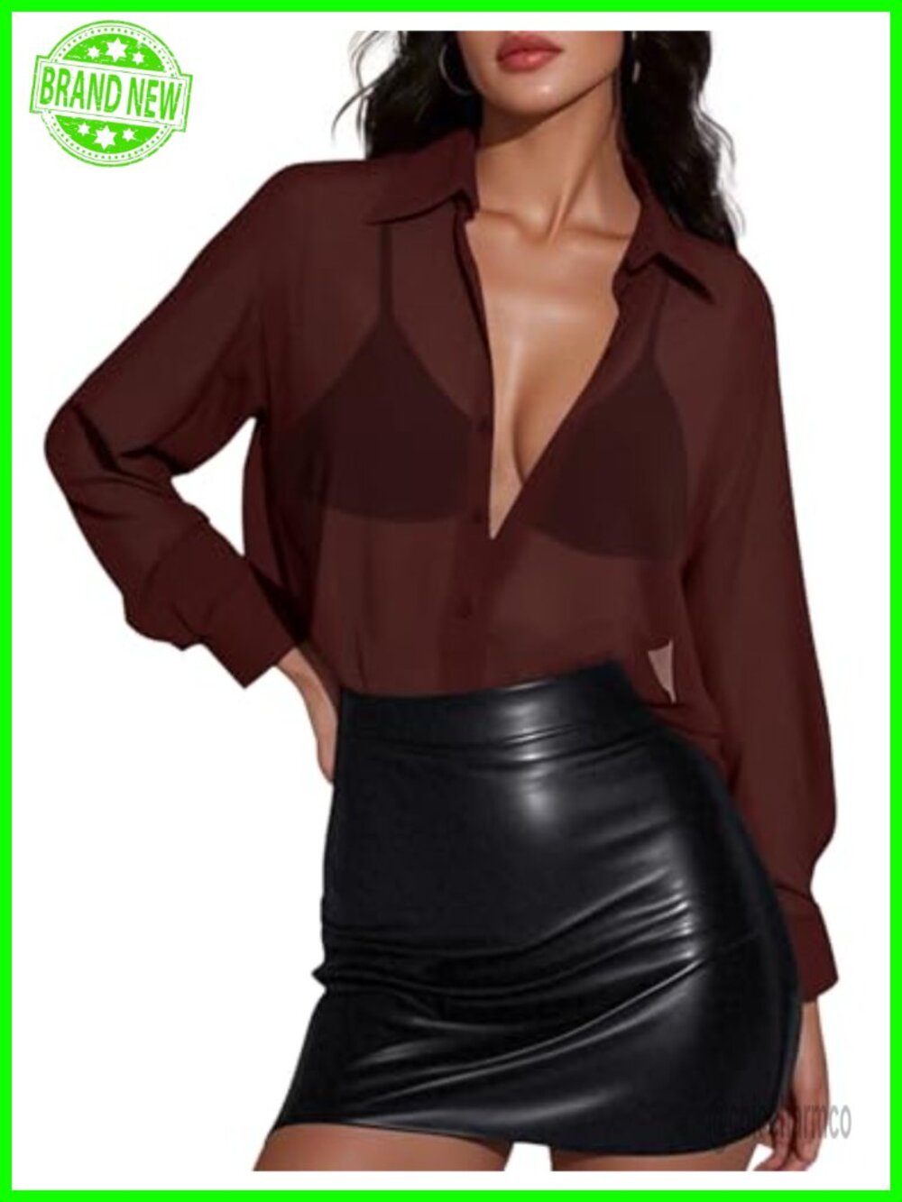 Sheer Chiffon Mesh Long Sleeve Oversized Button Down Blouse